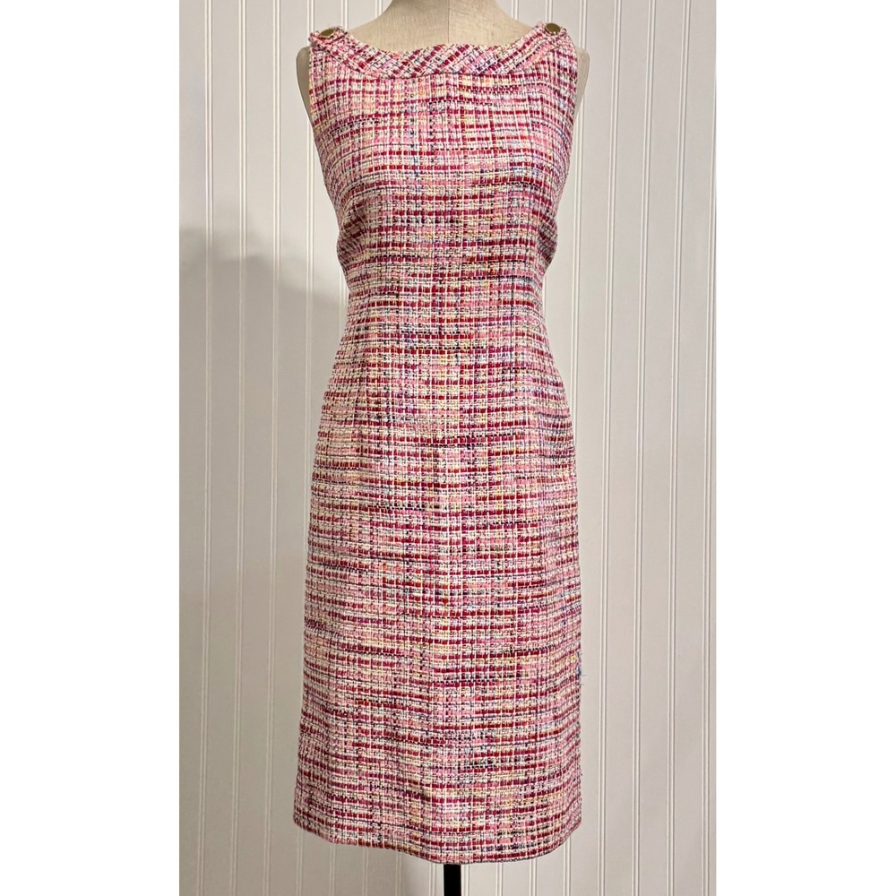 Talbots RSVP Pink Tweed Shift Dress 10 Bateau Neck Gold Button Preppy Jackie O